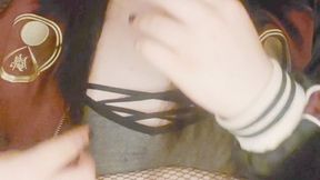 gamer girl in fishnets strokes her cock cums multiple times