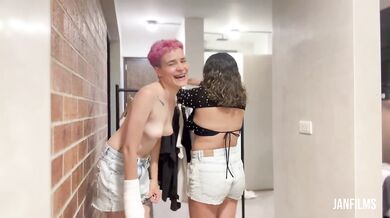 Lesbian besties swap rates in Medellin locker room with pink hair and giant tits