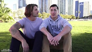 Gay anal sex: clark parker & tristan hunters first time big cock blowjob in sweatpants at tristan clark park