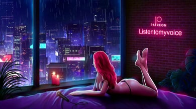 Pink-haired woman whispers intimate ASMR roleplay on a rainy night