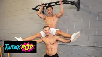 Deacon sucks Dale's big cock while bench pressing before ass pounding in gym