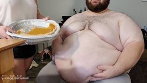 Female feeder stuffs her feedee with pie after Thanksgiving dinner