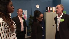 jasmine and romana get interviewed by two men and have foursome sex