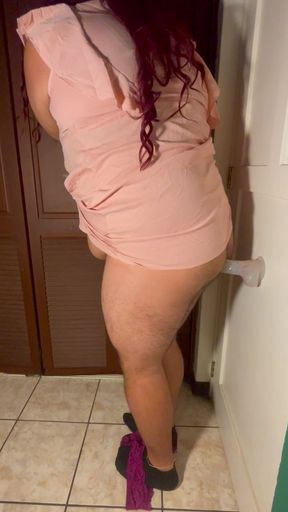 First Sissy Fucked in the Ass with Dildo by the Door with Pink Dress for My First Time Enjoying Myself to the Climac