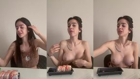 eating sushi topless