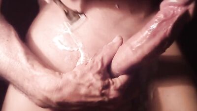 Shaving my hard 8 inch uncut cock and balls, XXX Cum xxxprecumdrip. solo male masturbation, cumshot pre-cum dripping xo