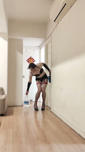 Lingerie clad sissy takes huge water enema before sucking a fucking a dildo part one   Clip 1
