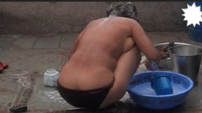 My elder sister-in-law&amp;#039;s stepsister is bathing naked in red tights in the open bathroom at my house