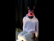 Locked pup plays with his toys and makes a mess