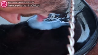 Mistress makes her slave boy lick up his own cum from a plate