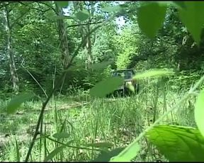 Beautiful German blonde doll fucked in nature by three horny guys