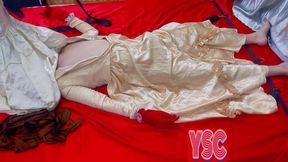 Stuck in a satin wedding dress