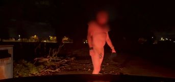 Twerking and jerking Wearing just a fishnet body suit stocking then stripping naked at side of road