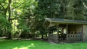 Tattooed blonde gets double-pounded in outdoor hardcore DP session