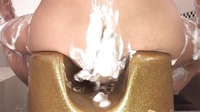 Wet Asian with natural tits and hairy pussy fucked in bathroom