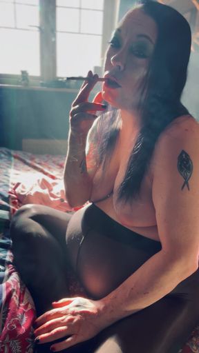 Tits Out &amp; Smoking In Sunlight With The Luscious Pantyhose Wearing Tina Snua - Cone Exhales Nose Exhales OMI OME Drifting