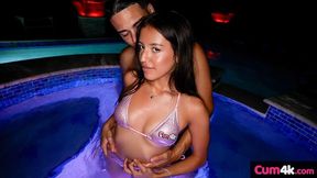 Nighttime poolside fuck with a long-legged brunette Amira Mae