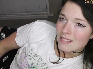 Chubby, amateur brunette with big boobs is sucking a fake shlong before stuffing her juicy pussy with it