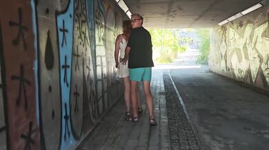 Big tits deepthroat on the train platform almost caught raw fucking