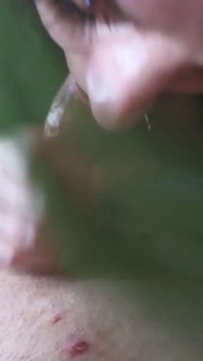 Thick Tattooed Slut with Colored Hair, Caresses Cock with Tongue and Swallows Every Drop
