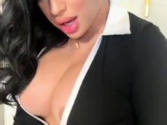 Busty curly brunette with big boobs fucks on couch