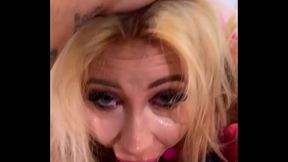 Sexy blonde sucking and gagging on cock - sloppy face fucking - balls licking - blowjob tears