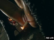 Sexy brunette squirting as she fucks herself with a lit candle