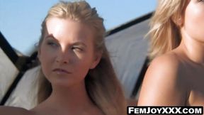 Blonde duo's wind play with big tits and pussies