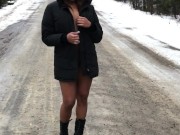Flashing & peeing naked in the snow on the side of the road.