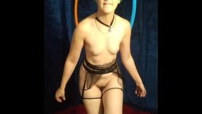 black sheer lingerie messing around on aerial hoop rubbing boobs body worship