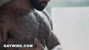 Pervy stepson caught snooping on hairy stepdad in shower and gets raw bred by bald bear daddy