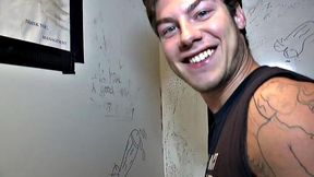 Fooled gloryhole cum on gay lips after blowjob