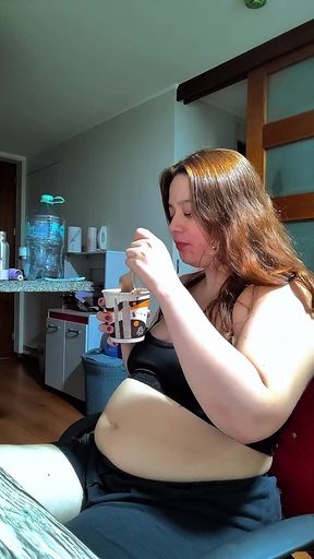 Hot Chubby Woman Filling Her Round Belly with Some Sweets