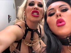 Dirty brunette in latex outfit and stockings sucks big beef