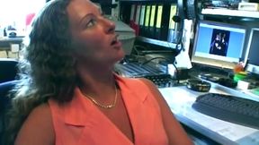 Curly Brunette Rides Hard on Office Chair