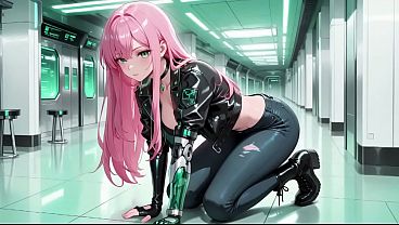 AI-generated- Pink-Haired Leather Tech! Private vibes in a neon-lit cyber corridor.