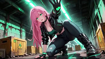 AI-generated- Pink-Haired Leather Tech! Private vibes in a neon-lit cyber corridor.