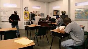 Busty blonde milf sucks big cock in classroom