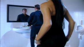 Milf with big tits gets ass fucked in double penetration in men's toilets