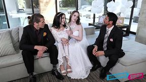 Two sexy brides swap step daddies and enjoy crazy foursome sex on wedding day