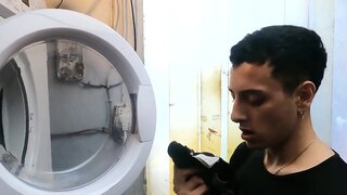 Sniffing underwear in the laundromat before banging