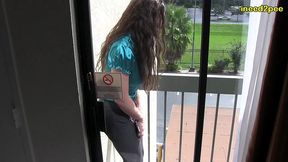terra mizu gets locked out on balcony and wets her tight dress pants