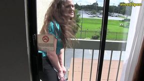 terra mizu gets locked out on balcony and wets her tight dress pants