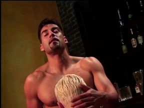 Blonde boy gets his tight ass fucked hard by a manly dude in a bar