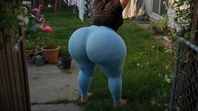 Big Ass Neighbor in Tight Light Blue Leggings and Blue Thong in the Patio