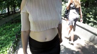 Outdoors Flashing no Bra Breasts on Sidewalk and Piss Standing inside a