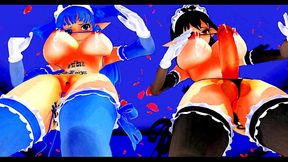 two girls, one futanari, dance and sing