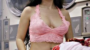 Hot Latina gets her face splattered with cum in a laundromat reverse cowgirl fuck