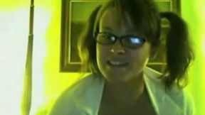 All-holes toying webcam scene with a nerdy pigtailed woman