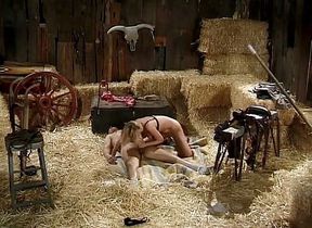 Inked blonde babe ass fucked in the barn